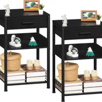 Pure Black Printer Table Set of 2,3 Tier Industrial Printer Stand with with Fabric Drawer,Tall End Table with Storage Shelf,