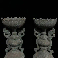 Antique Chinease Han Dynasty(25-186) bronze Lotus&amp;Dragon lamp stand,A Pair,Handicrafts,best collection&amp;adornment, Free shipping