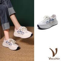【Vecchio】真皮運動鞋 網布運動鞋/真皮流線網布拼接造型休閒運動鞋(藍)