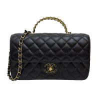 【CHANEL 香奈兒】AS4530 經典粒面牛皮金屬提把手提斜背口蓋包(黑色-23cm)