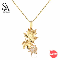 SA SILVERAGE Real 925 Sterling Silver Yellow Gold Color Maple Leaf Pendant Necklaces for Woman 925 Silver Zirconia Gold Necklace