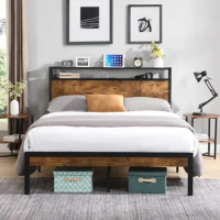 King Size Metal Platform Bed Frame with Wooden Headboard and Footboard with USB LINER, Large Under Bed Storage, Easy Assemble