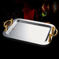 Stainless steel mirror plate with ear fruit candy dish tray cake buffet plate for hotel wedding tray dinner gold plates