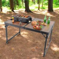 【LIFECODE】黑電木加寬鋁合金BBQ燒烤桌/折疊桌120*80cm+可提式烤肉架(送背袋)