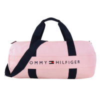 【Tommy Hilfiger】字母標誌槓條棉質兩用大旅行袋(粉色)