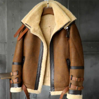 B3 Men's Shearling Jacket Flight Jacket Imported Wool From Australia Short Leather Jacket Mans Sheepskin Aviator Fur Coat