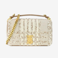 【BURBERRY 巴寶莉】Lola TB金字LOGO格紋絎縫帆布鏈帶小號肩背/斜背包(米色)