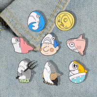 Creative Cartoon Shark Enamel Pin Fun Coin Owl Trident Brooch Badge Cute Animal Jewelry Gift for Kids and Friends Accessories
