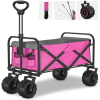Sports 4 Wheels Shopping Cart for Market Cart With Wheels Outdoor All-Terrain Folding Wagon Shopping(Pink) Freight Free Trolley