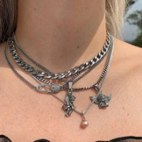 5Pcs Goth Mutiara Pin Angel Kalung untuk Wanita Logam Punk Pesona Persahabatan Kalung Perhiasan 90S Gaya Estetika hadiah Baru
