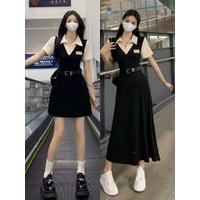 FUXI 美式翻領氣質短袖洋裝女 短袖連身裙 收腰顯瘦學院風辣妹短裙 拼接假兩件連身短裙 V領連身長裙 女裝 衣服 裙子