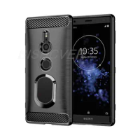 For Sony Xperia XZ2 Brushed Carbon Fiber Soft Silicone Phone Case For Sony Xperia XZ2 Compact Magnetic Ring Stand Cover