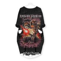phechion New Fashion Disturbed Rock Band 3D Print Dresses Casual Mid-length Dress Women Clothing Pocket Long Sleeve Tops T25
