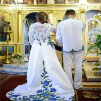 Mexican Style Blue Embroidery Wedding Dress 2024 Elegant Long Sleeve Satin Boho Bride Dress Medieval Gothic Country Bridal Gown