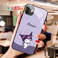Kuromi Luminous Tempered Glass phone case For Apple iphone 13 14 Pro Max Puls mini Kawaii Luxury Fashion RGB LED Backlight cover