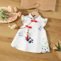 Summer Baby Girl Cotton Panda Print Tassel Dress Girl Chinese Style Hanfu Dress