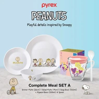 PYREX Peanuts Snoopy Dinner Set 3 Pcs Pring Mangkuk Makan Milkglass Microwave & Dishwasher Safe Muda