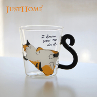 【Just Home】貓咪造型耐熱玻璃馬克杯245ml-賣萌貓(杯 玻璃杯 耐熱玻璃)