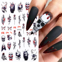 Halloween Nail Stickers Evil Eye Skull Bones Ghosts Flowers 3D Anime Decals Horror Bloody Designs Manicure Accessories NLF955