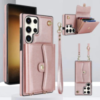 Lanyard Case For Samsung Galaxy S20 S21 FE S22 Plus S23 Ultra Case S20FE S21FE S23U Cover Card Wallet Coque PU Leather TPU Shell