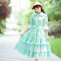 開心洋裝洛麗塔甜美長裙 蕾絲花邊中袖荷葉邊綠色連衣裙 洛神