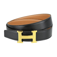 【Hermes 愛馬仕】HERMES亮面金H釦LOGO小牛皮扣式雙面皮帶(黑x棕)