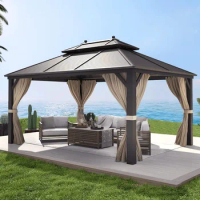 10'x13' Hardtop Gazebo Galvanized Steel Outdoor Gazebo Canopy Double Roof Pergolas Aluminum Frame with Netting and Curtains