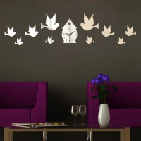 The bird and bird house mirror clock sticker, 3d acrylic wall mirror stickers home interior deco, acrylic clock sticker