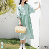 【ACheter】棉麻感短袖連身裙刺繡寬鬆高腰垂感棉麻中長版洋裝#119012(白/藍)