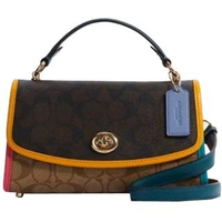 【COACH】TILLY 23 黃X綠X粉X卡其PVC滿版LOGO手提斜背包