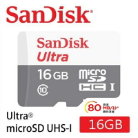 【最高折200+跨店點數22%回饋】SanDisk 16GB Ultra Micro SDHC UHS-I 記憶卡(80MB/s)無轉卡
