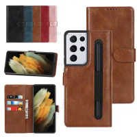 Leather Stylus S Pen Slot Magnetic Flip Phone Case For Samsung S21 Ultra 5G Wallet Card Slot Cover For Galaxy S21 Ultra SM-G998B