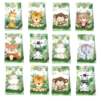 Jungle Animals Paper Bag Cartoon Tiger Elephant Zebra Monkey Candy Bag Jungle Party Decoration Kids Gift Cookies Packaging Bags