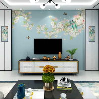 藍魚（LANYU）8D壁布玉蘭電視背景墻壁紙墻布 簡約新中式客廳沙發花