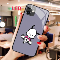 Kawaii Pochacco Luminous Tempered Glass phone case For Apple iphone 12 11 Pro Max XAcoustic Control Protect LED Backlight cover