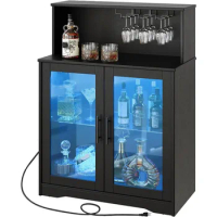Wine Bar Cabinet with Storage, LED Liquor with Power Outlets, Coffee Bar Cabinet for Liquor and Glasses, Glass