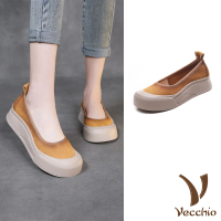 【Vecchio】真皮鞋 牛皮鞋 厚底鞋/全真皮頭層牛皮淺口小圓頭復古厚底鞋(黃)
