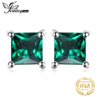 JewelryPalace Square Simulated Nano Green Emerald 925 Sterling Silver Stud Earrings for Women Fashion Gemstone Princess Earrings