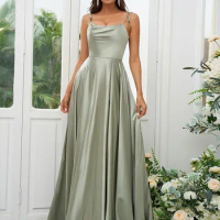 Elegant A-Line/Princess Silk like Satin Ruffles Spaghetti Straps Sleeveless Sweep/Brush Train Bridesmaid Dresses