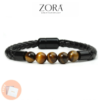 ZORA Mens Basic Tiger Eyes Stone Beads Rock Leather Bracelet - Golden Brown& Black/Golden Red/ White