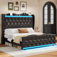Queen Size Bed Frame Tall Headboard with LED Lights &amp; Charging Station, Upholstered Wing Headboard &amp; Footboard, Bed
