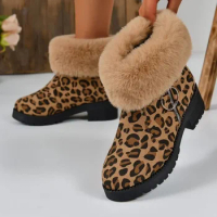 Women Faux Fur Ankle Boots Women Winter Warm Plush Platform Boots Woman Zipper Non Slip Leopard Print Furry Chelsea Botas Mujer