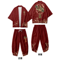 Two-piece Suit Dragon Print Japanese Cardigan Women Men Cosplay Yukata Clothing Harajuku Samurai Kimono + Pants Sets