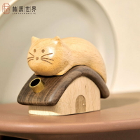 【屋頂上的貓】實木質日式可愛貓咪桌面香薰精油擴香器禮品擺件【四季小屋】