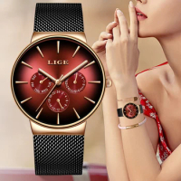 LIGE Fashion Women Watch Top Brand Luxury Ladies Mesh Belt Ultra-thin Watch Stainless Steel Waterproof Quartz Watch Reloj Mujer