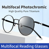 Photochromic Multifocal Progressive Reading Glasses for Men Women UV400 Sunglasses Round Frame Presbyopia Eyewear +1.0 to +4.0