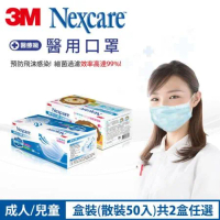 3M 7660C Nexcare雙鋼印醫用口罩粉藍盒裝-2盒組共100片-成人/兒童任選