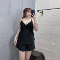 Set bộ đồ bigsize nữ áo hai dây dáng ngắn cụp ngực kèm quần đùi lung thun co giãn vải gân tăm xốp tr
