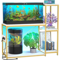 20-29 Gallon Fish Tank Stand with Power Outlet &amp; LED Light, Reversible Wood Aquarium Stand with Shelves