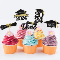 12pc 2024 Graduation Paper Cake Toppers Bachelor Cap Congrasts Grad Cake Picks Congratulation Class of 2024 Graduate Party Decor